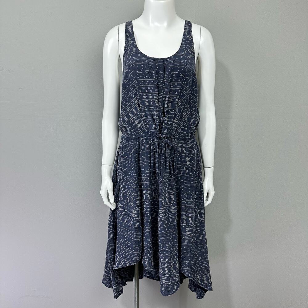 NSF Washed Silk Midi Dress Sz S Navy Blue Boho Printed Pockets Hi Low Scoop Neck